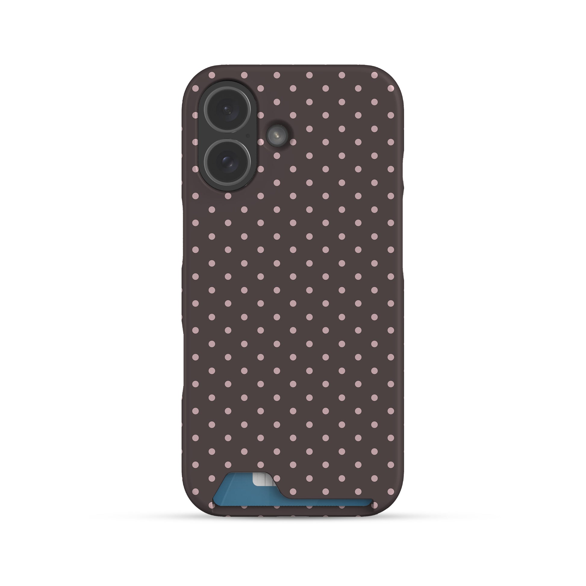Strawberry Drops Card Phone Case featuring small strawberry-pink polka dots on a rich cocoa-brown background.