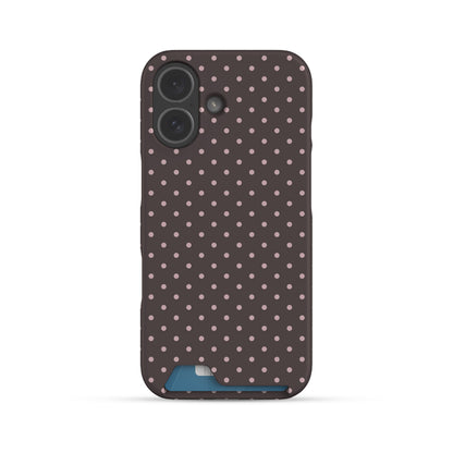Strawberry Drops Card Phone Case featuring small strawberry-pink polka dots on a rich cocoa-brown background.