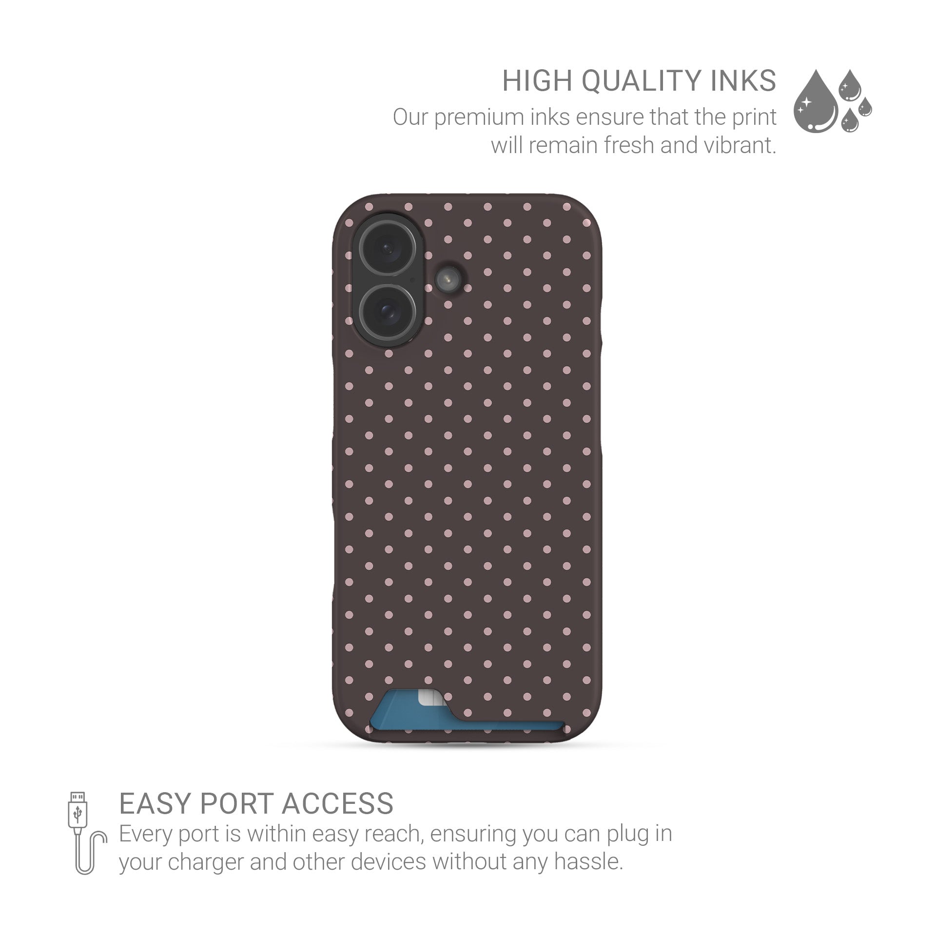 Strawberry Drops Card Phone Case featuring small strawberry-pink polka dots on a rich cocoa-brown background.