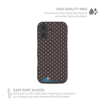 Strawberry Drops Card Phone Case featuring small strawberry-pink polka dots on a rich cocoa-brown background.