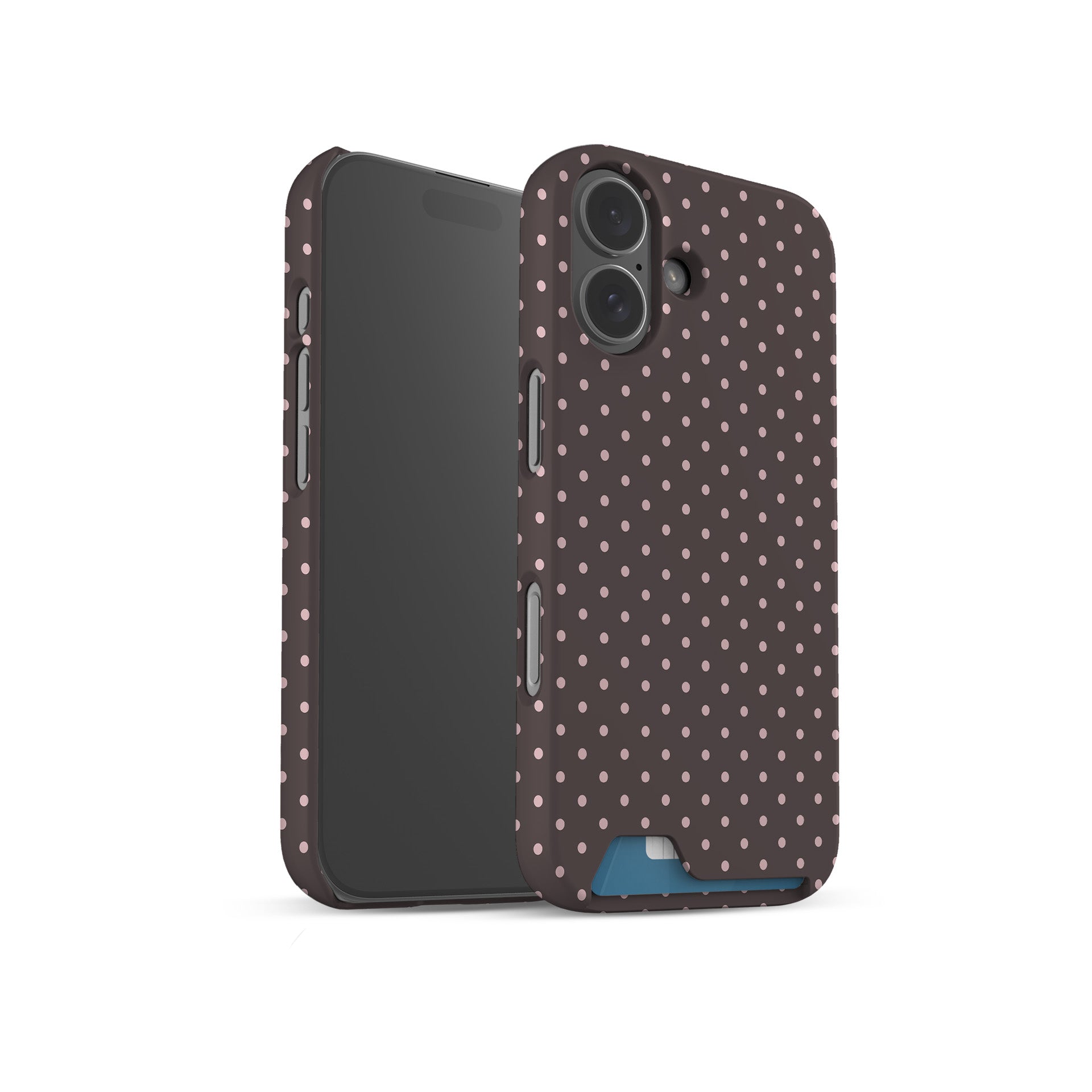 Strawberry Drops Card Phone Case featuring small strawberry-pink polka dots on a rich cocoa-brown background.