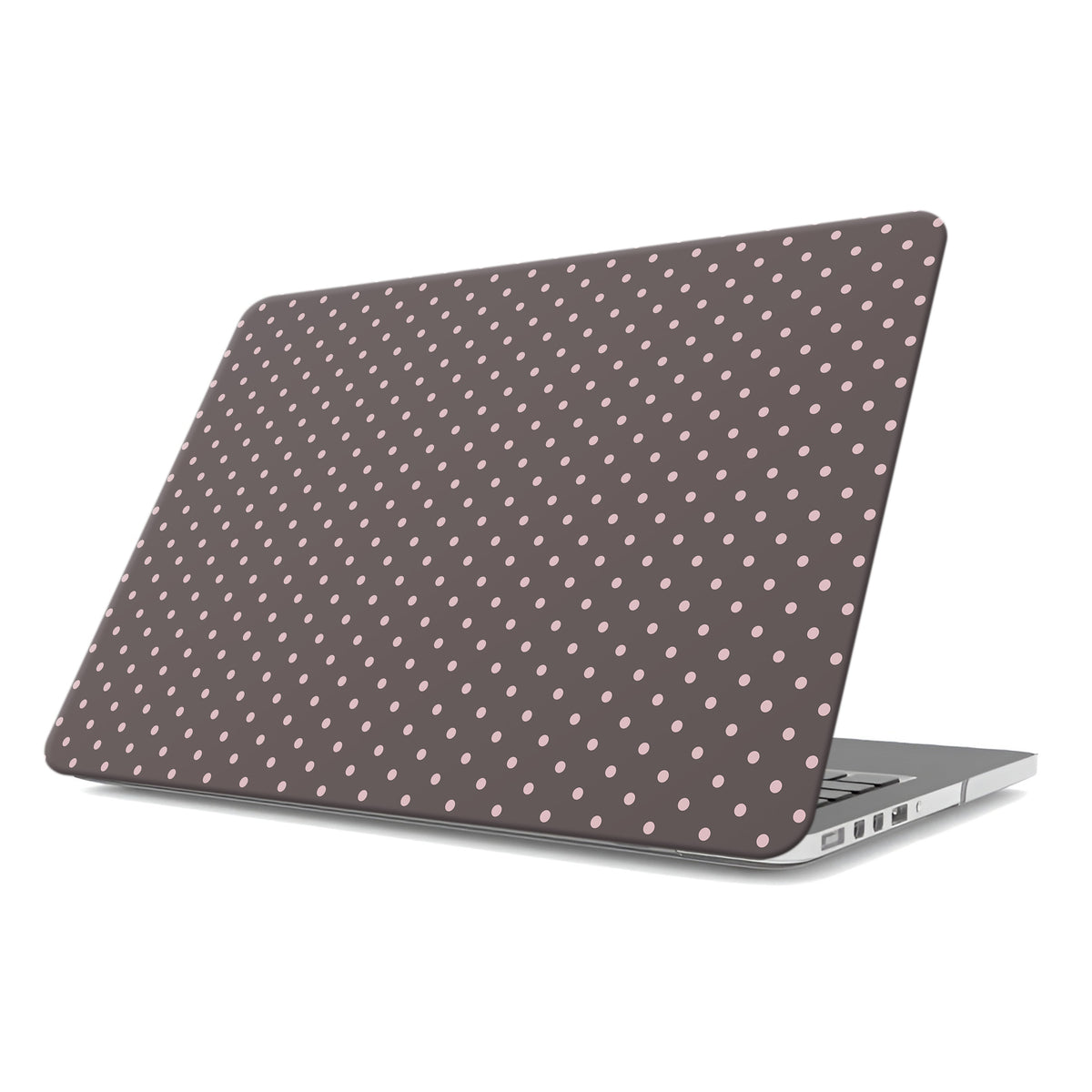 Strawberry Drops MacBook Case featuring small strawberry-pink polka dots on a rich cocoa-brown background.
