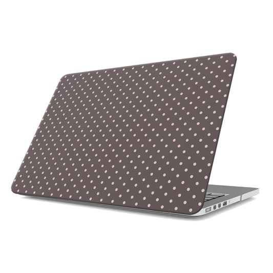 Strawberry Drops MacBook Case featuring small strawberry-pink polka dots on a rich cocoa-brown background.