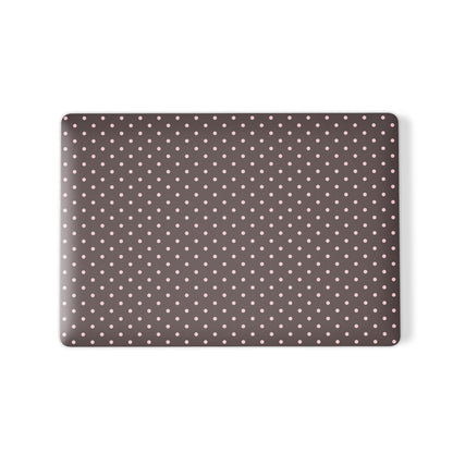 Strawberry Drops MacBook Case featuring small strawberry-pink polka dots on a rich cocoa-brown background.