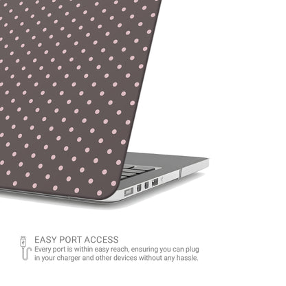 Strawberry Drops MacBook Case featuring small strawberry-pink polka dots on a rich cocoa-brown background.