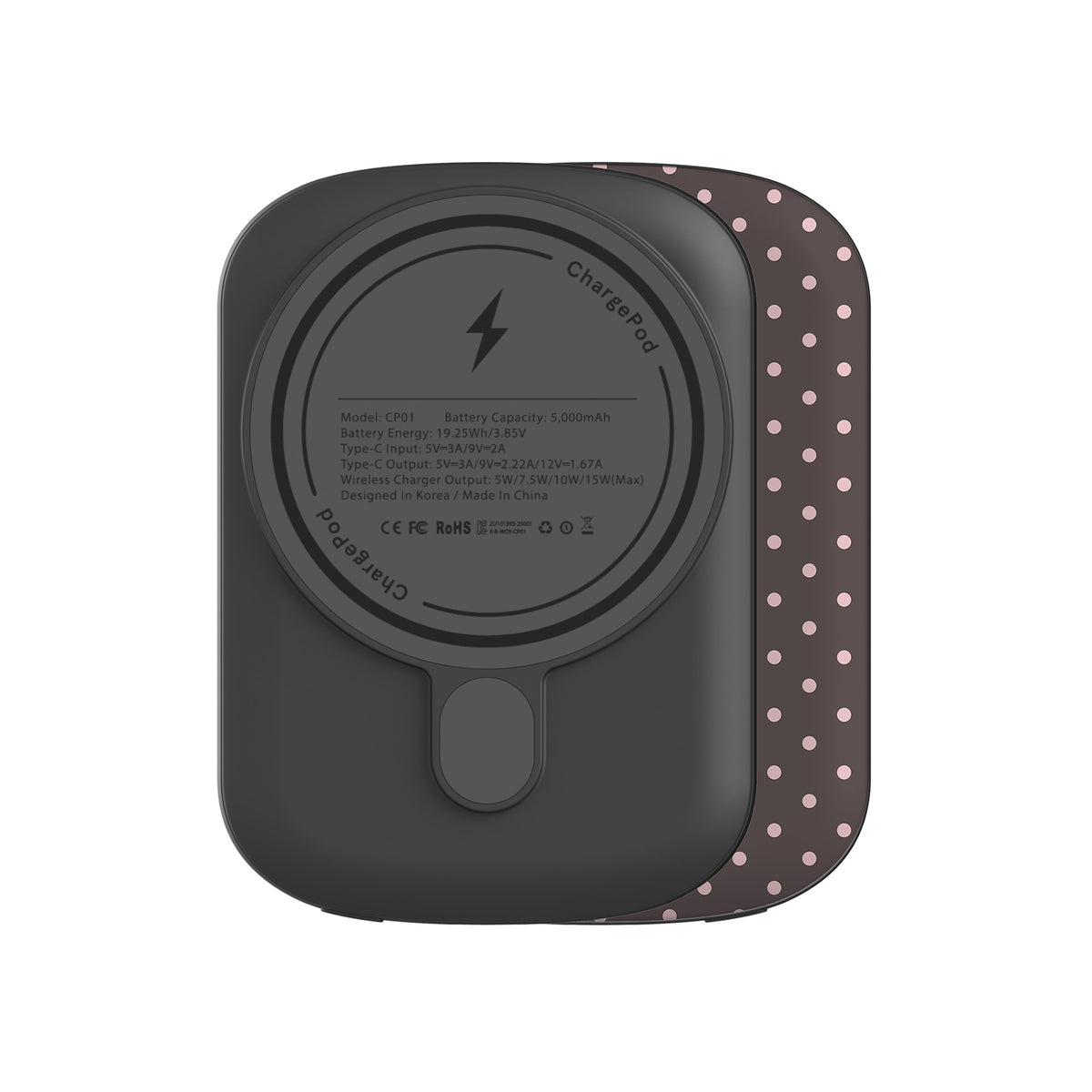 Strawberry Drops 5000 mAh Power Bank featuring small strawberry-pink polka dots on a rich cocoa-brown background.
