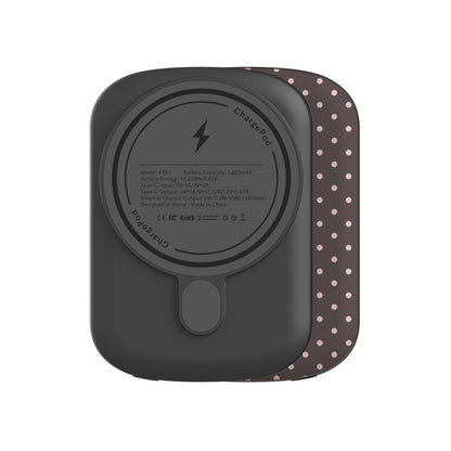Strawberry Drops 5000 mAh Power Bank featuring small strawberry-pink polka dots on a rich cocoa-brown background.