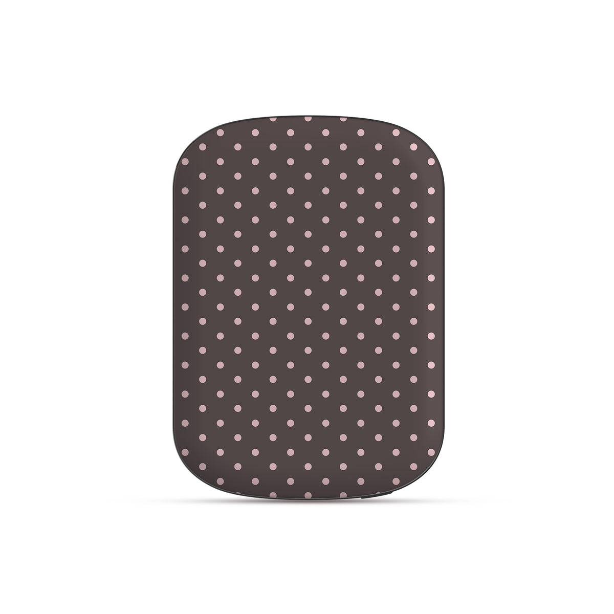 Strawberry Drops Power Bank Shell featuring small strawberry-pink polka dots on a rich cocoa-brown background.