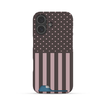 Strawberry Wafer Card Phone Case featuring fine strawberry-pink polka dots above bold vertical strawberry-pink stripes on a cocoa-brown background.
