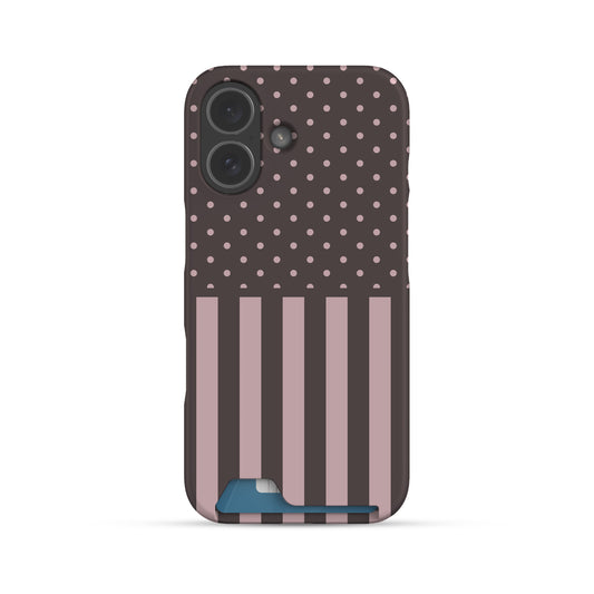 Strawberry Wafer Card Phone Case featuring fine strawberry-pink polka dots above bold vertical strawberry-pink stripes on a cocoa-brown background.