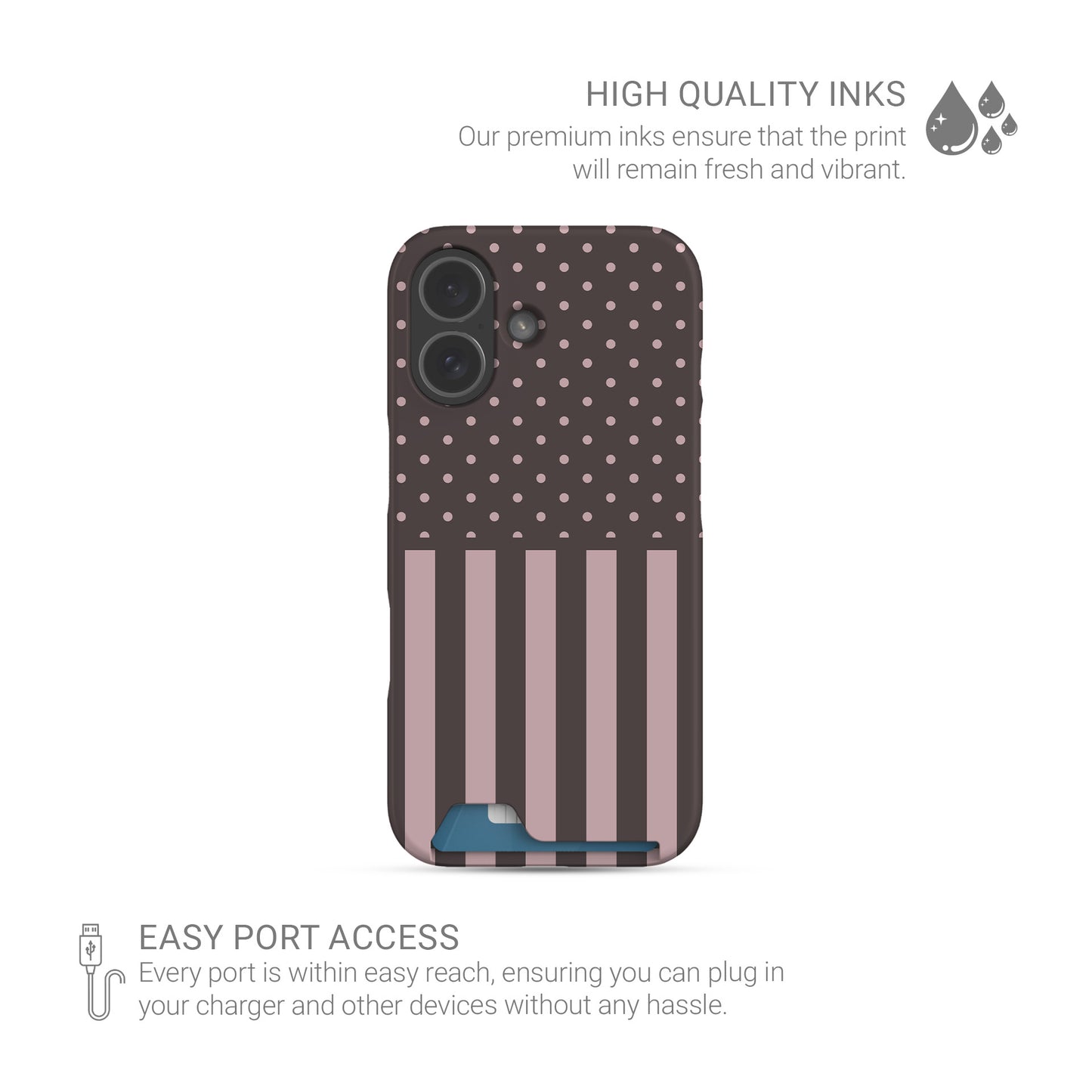 Strawberry Wafer Card Phone Case featuring fine strawberry-pink polka dots above bold vertical strawberry-pink stripes on a cocoa-brown background.