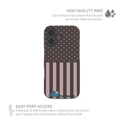 Strawberry Wafer Card Phone Case featuring fine strawberry-pink polka dots above bold vertical strawberry-pink stripes on a cocoa-brown background.