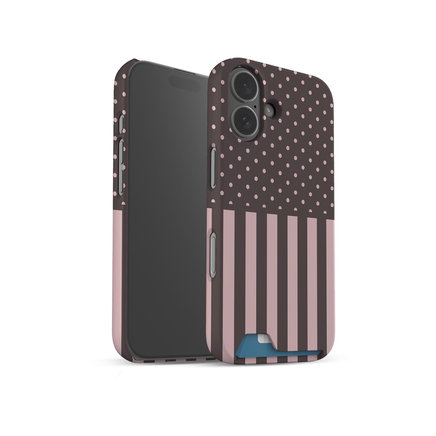 Strawberry Wafer Card Phone Case featuring fine strawberry-pink polka dots above bold vertical strawberry-pink stripes on a cocoa-brown background.