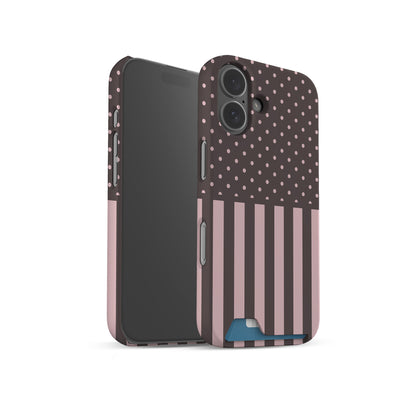 Strawberry Wafer Card Phone Case featuring fine strawberry-pink polka dots above bold vertical strawberry-pink stripes on a cocoa-brown background.