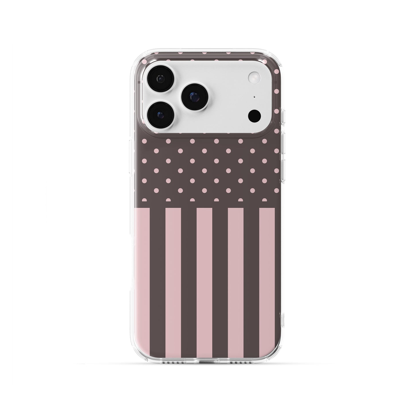 Strawberry Wafer Clear TPU Phone Case featuring fine strawberry-pink polka dots above bold vertical strawberry-pink stripes on a cocoa-brown background.