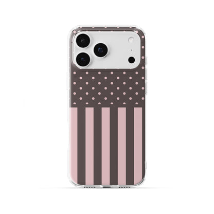 Strawberry Wafer Clear TPU Phone Case featuring fine strawberry-pink polka dots above bold vertical strawberry-pink stripes on a cocoa-brown background.