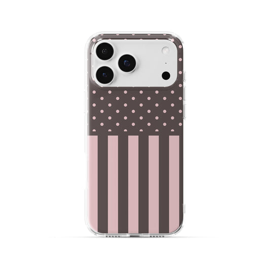 Strawberry Wafer Clear TPU Phone Case featuring fine strawberry-pink polka dots above bold vertical strawberry-pink stripes on a cocoa-brown background.