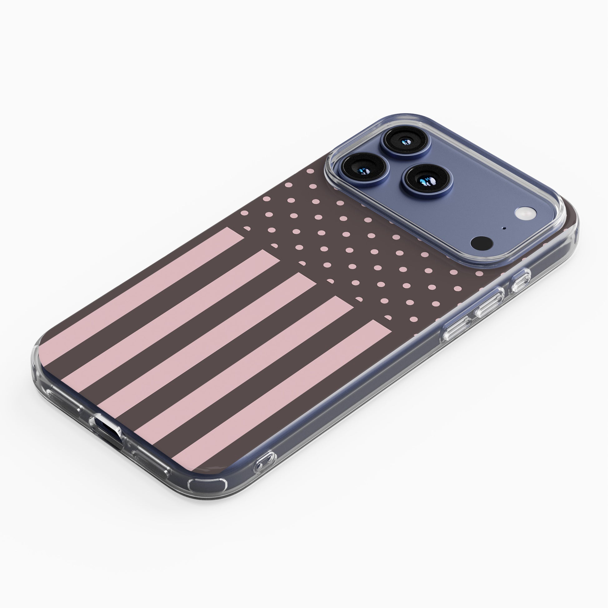 Strawberry Wafer Clear TPU Phone Case featuring fine strawberry-pink polka dots above bold vertical strawberry-pink stripes on a cocoa-brown background.