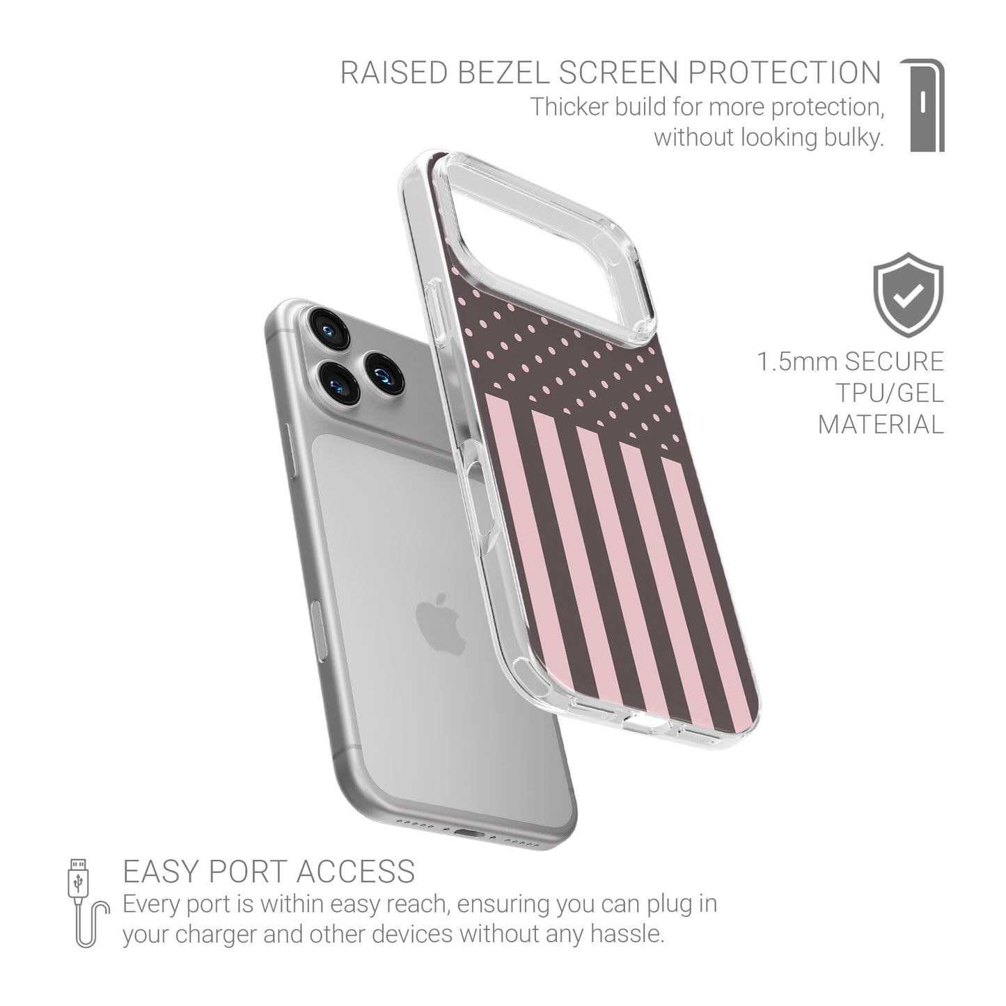Strawberry Wafer Clear TPU Phone Case featuring fine strawberry-pink polka dots above bold vertical strawberry-pink stripes on a cocoa-brown background.