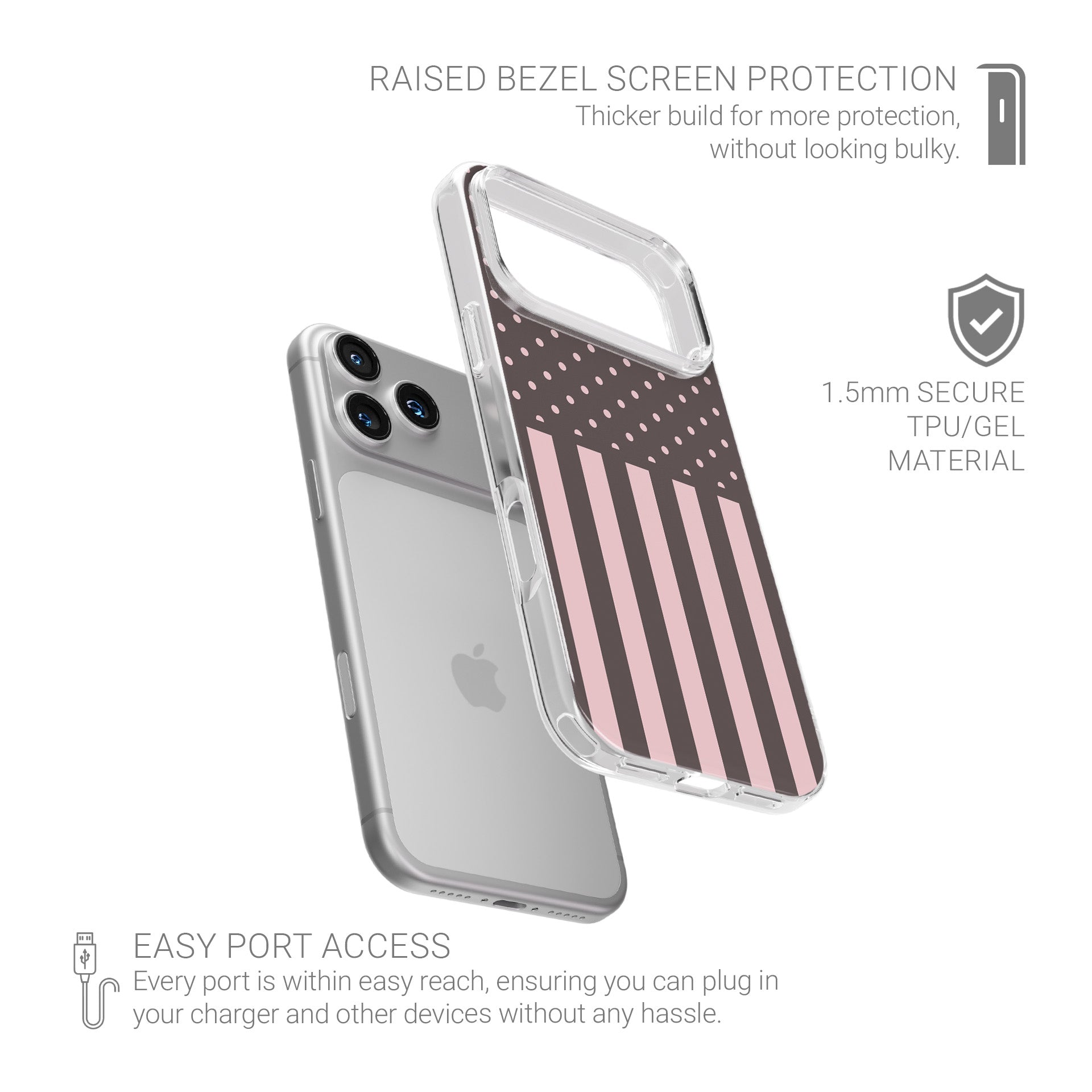 Strawberry Wafer Clear TPU Phone Case featuring fine strawberry-pink polka dots above bold vertical strawberry-pink stripes on a cocoa-brown background.