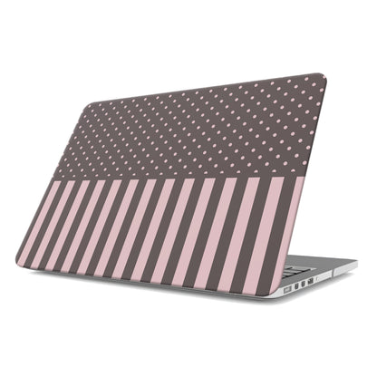 Strawberry Wafer MacBook Case featuring fine strawberry-pink polka dots above bold vertical strawberry-pink stripes on a cocoa-brown background.