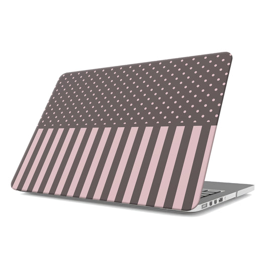 Strawberry Wafer MacBook Case featuring fine strawberry-pink polka dots above bold vertical strawberry-pink stripes on a cocoa-brown background.
