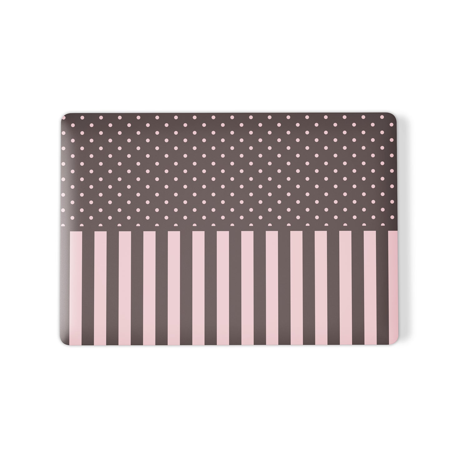 Strawberry Wafer MacBook Case featuring fine strawberry-pink polka dots above bold vertical strawberry-pink stripes on a cocoa-brown background.