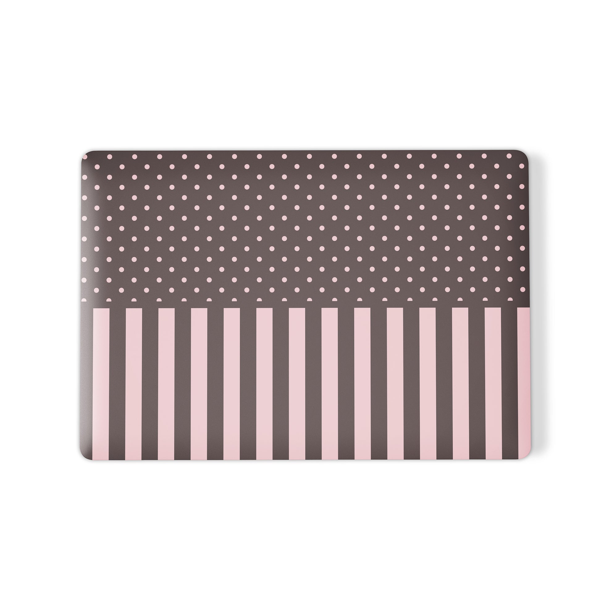 Strawberry Wafer MacBook Case featuring fine strawberry-pink polka dots above bold vertical strawberry-pink stripes on a cocoa-brown background.