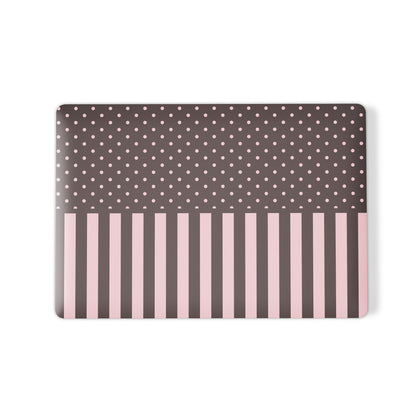 Strawberry Wafer MacBook Case featuring fine strawberry-pink polka dots above bold vertical strawberry-pink stripes on a cocoa-brown background.
