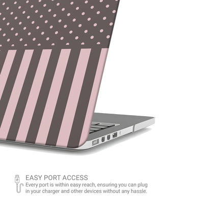 Strawberry Wafer MacBook Case featuring fine strawberry-pink polka dots above bold vertical strawberry-pink stripes on a cocoa-brown background.