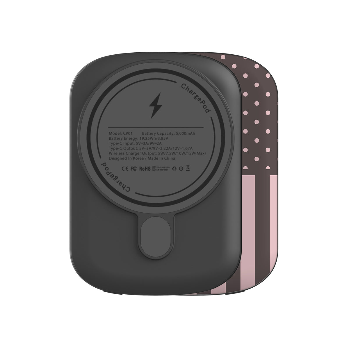 Strawberry Wafer 5000 mAh Power Bank featuring fine strawberry-pink polka dots above bold vertical strawberry-pink stripes on a cocoa-brown background.