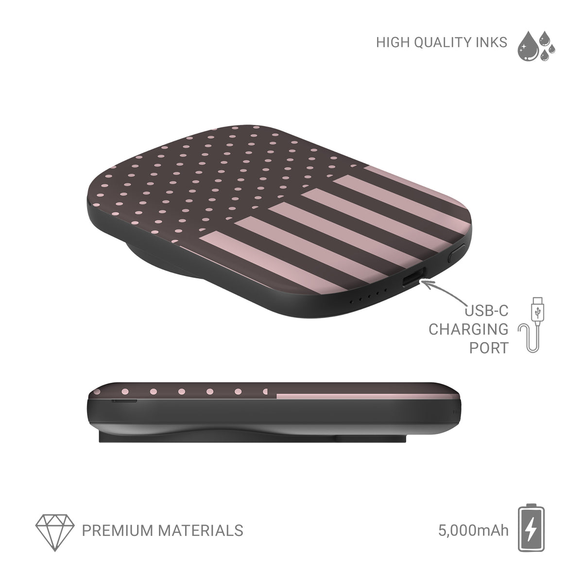 Strawberry Wafer 5000 mAh Power Bank featuring fine strawberry-pink polka dots above bold vertical strawberry-pink stripes on a cocoa-brown background.