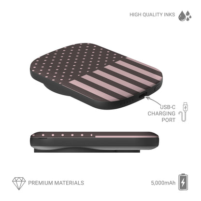 Strawberry Wafer 5000 mAh Power Bank featuring fine strawberry-pink polka dots above bold vertical strawberry-pink stripes on a cocoa-brown background.