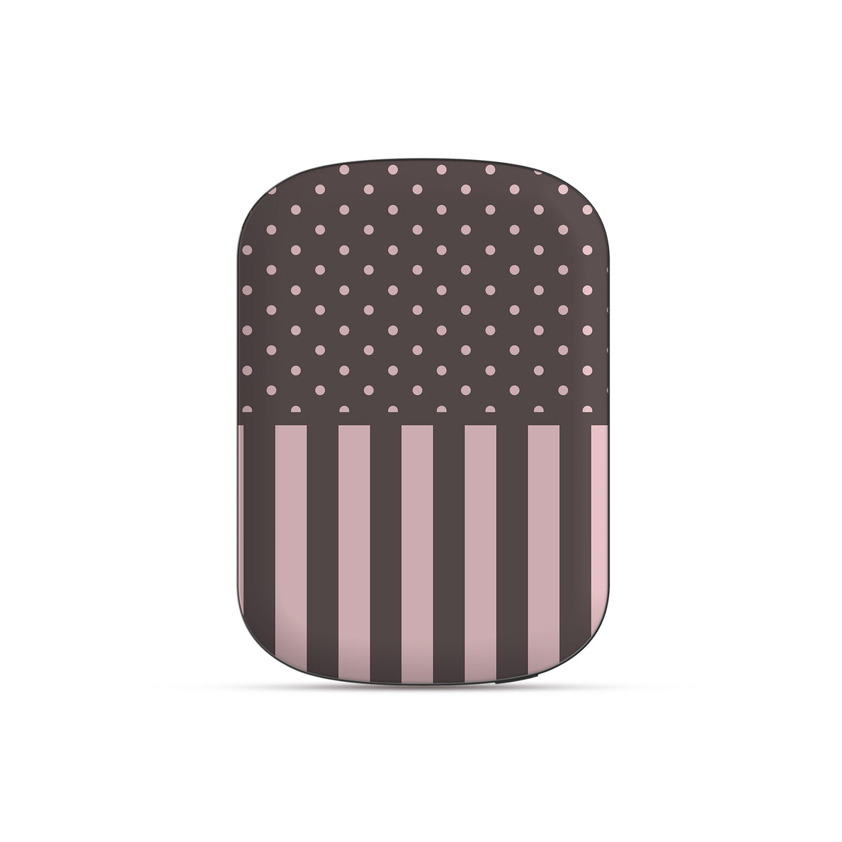 Strawberry Wafer Power Bank Shell featuring fine strawberry-pink polka dots above bold vertical strawberry-pink stripes on a cocoa-brown background.