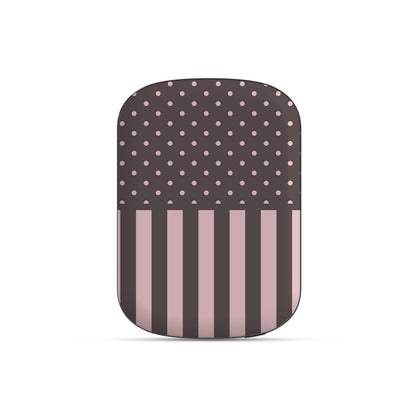Strawberry Wafer Power Bank Shell featuring fine strawberry-pink polka dots above bold vertical strawberry-pink stripes on a cocoa-brown background.
