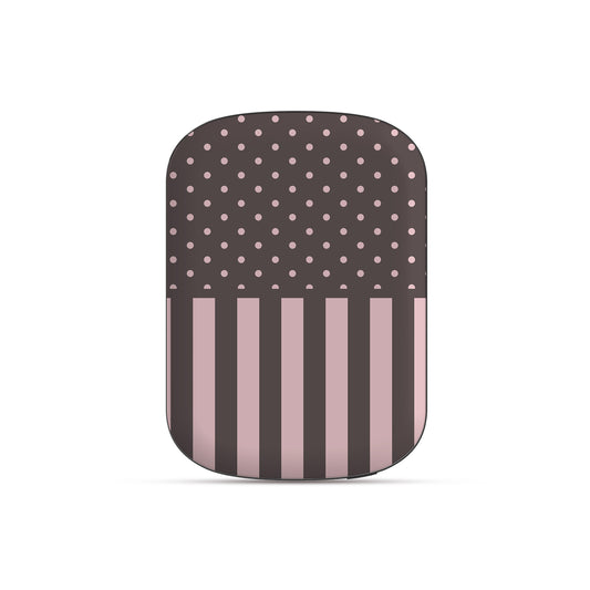 Strawberry Wafer Power Bank Shell featuring fine strawberry-pink polka dots above bold vertical strawberry-pink stripes on a cocoa-brown background.