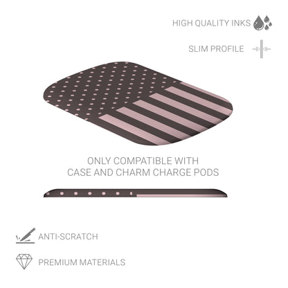 Strawberry Wafer Power Bank Shell featuring fine strawberry-pink polka dots above bold vertical strawberry-pink stripes on a cocoa-brown background.