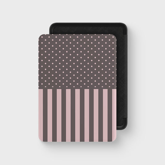 Strawberry Wafer Kindle Case featuring fine strawberry-pink polka dots above bold vertical strawberry-pink stripes on a cocoa-brown background.