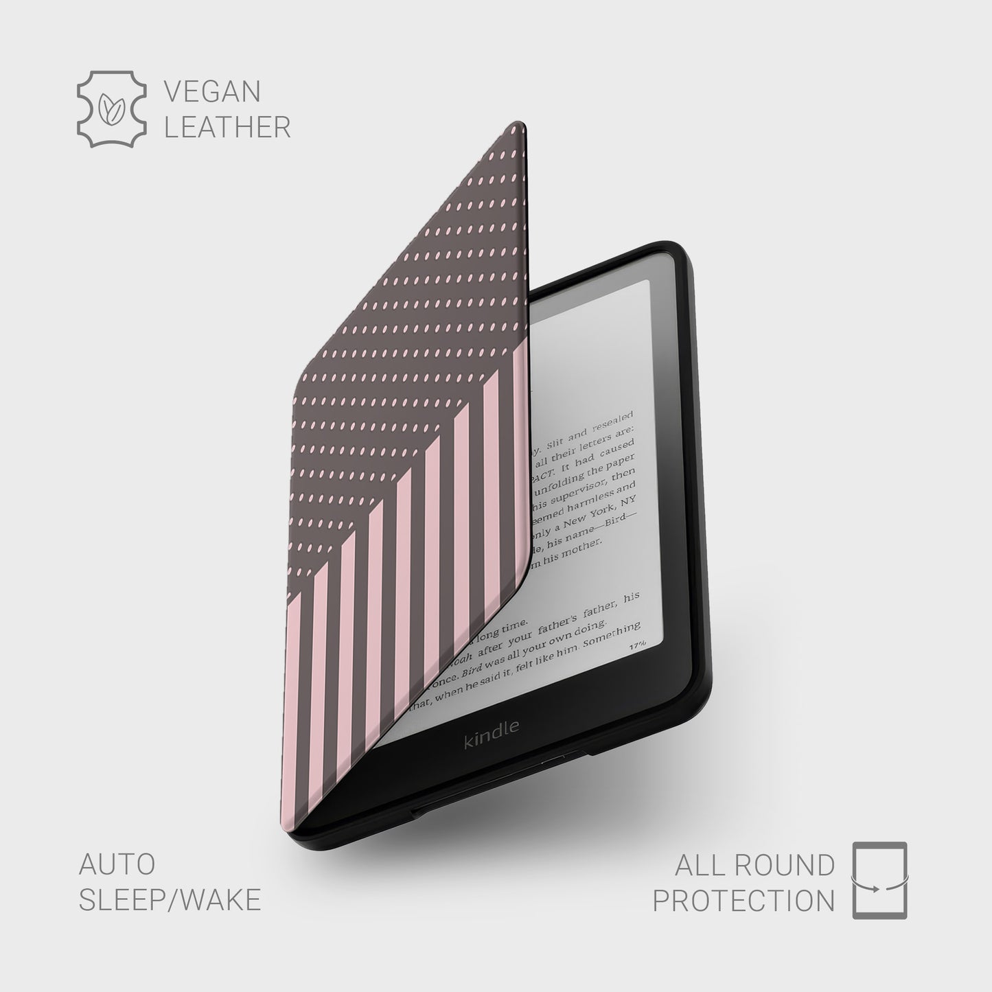 Strawberry Wafer Kindle Case featuring fine strawberry-pink polka dots above bold vertical strawberry-pink stripes on a cocoa-brown background.