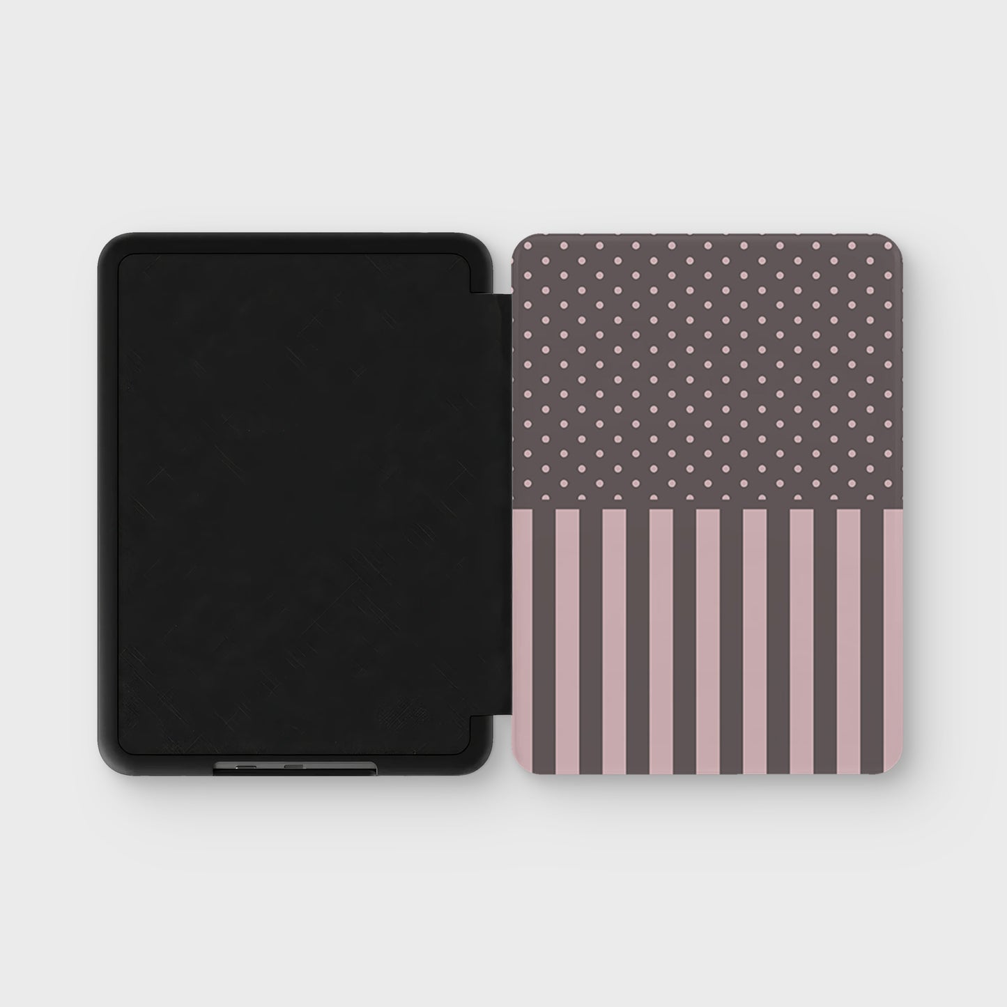 Strawberry Wafer Kindle Case featuring fine strawberry-pink polka dots above bold vertical strawberry-pink stripes on a cocoa-brown background.