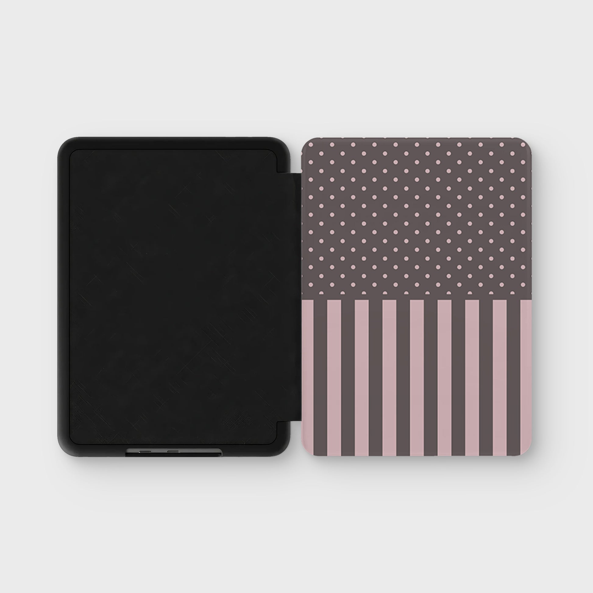 Strawberry Wafer Kindle Case featuring fine strawberry-pink polka dots above bold vertical strawberry-pink stripes on a cocoa-brown background.
