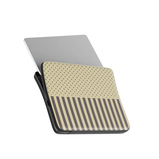 Cocoa Wafer Laptop Sleeve featuring small cocoa-brown polka dots above bold vertical cocoa-brown stripes on a creamy vanilla background.