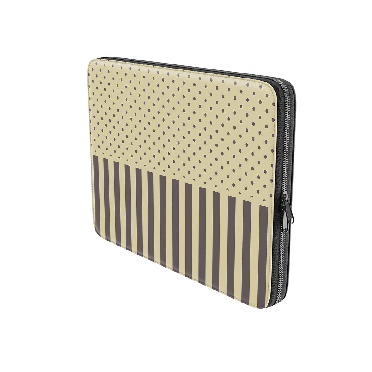 Cocoa Wafer Laptop Sleeve featuring small cocoa-brown polka dots above bold vertical cocoa-brown stripes on a creamy vanilla background.