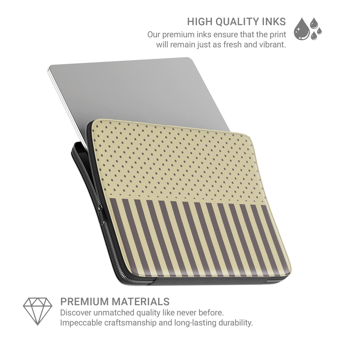 Cocoa Wafer Laptop Sleeve featuring small cocoa-brown polka dots above bold vertical cocoa-brown stripes on a creamy vanilla background.