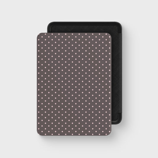 Strawberry Drops Kindle Case featuring small strawberry-pink polka dots on a rich cocoa-brown background.