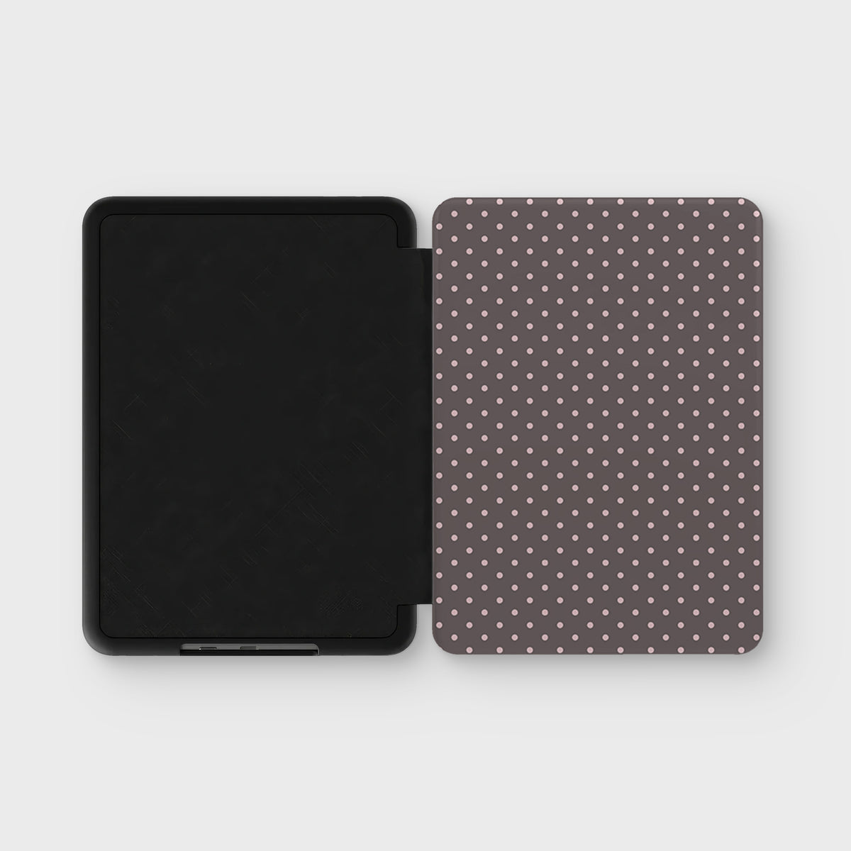 Strawberry Drops Kindle Case featuring small strawberry-pink polka dots on a rich cocoa-brown background.