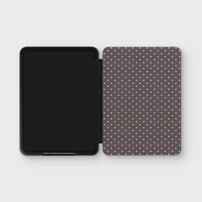 Strawberry Drops Kindle Case featuring small strawberry-pink polka dots on a rich cocoa-brown background.