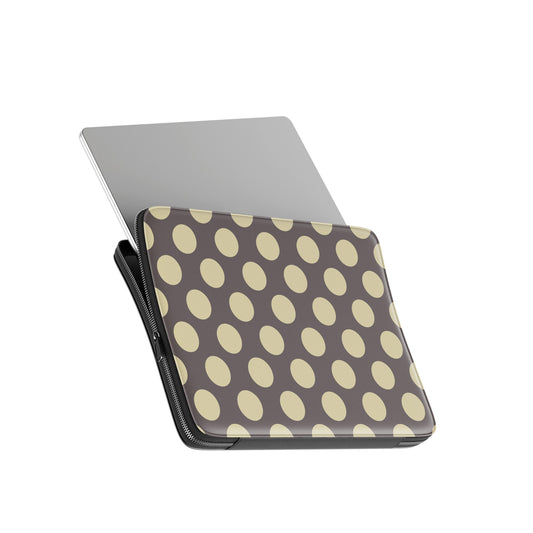 Vanilla Truffle Laptop Sleeve featuring oversized creamy vanilla polka dots on a rich cocoa-brown background.