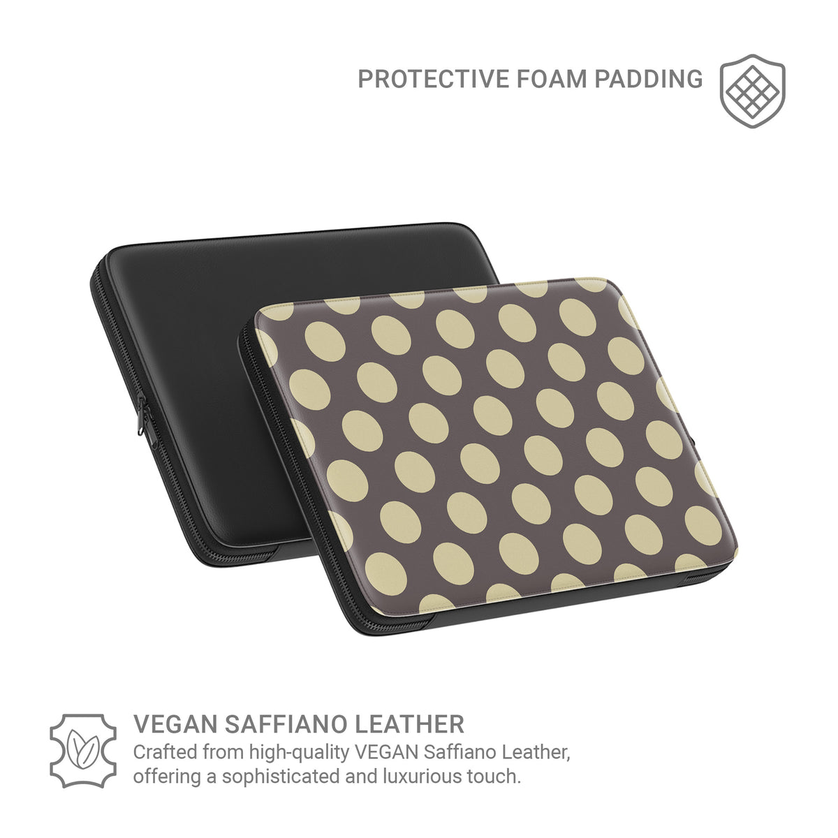 Vanilla Truffle Laptop Sleeve featuring oversized creamy vanilla polka dots on a rich cocoa-brown background.
