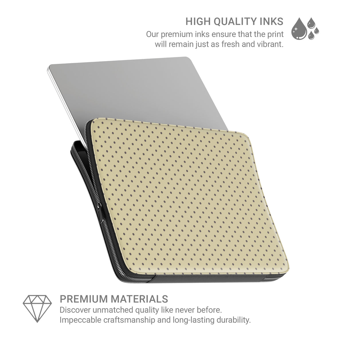 Cocoa Drops Laptop Sleeve featuring small, evenly spaced cocoa-brown polka dots on a creamy vanilla background.